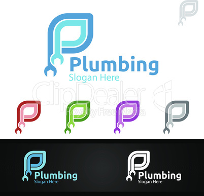 Letter P Plumbing Logo with Water and Fix Home Concept