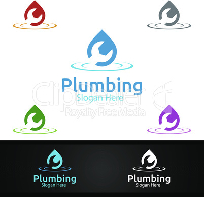 Plumbing Logo with Water and Fix Home Concept