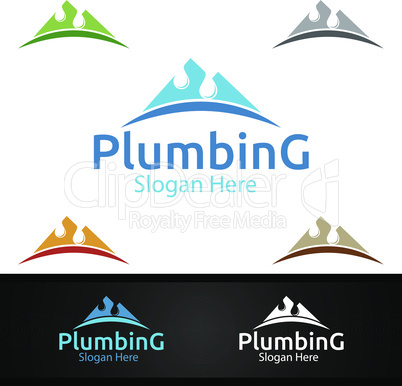 Mountain Plumbing Logo with Water and Fix Home Concept