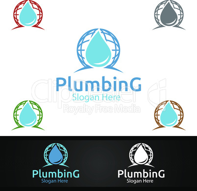 Global Plumbing Logo with Water and Fix Home Concept