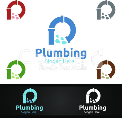 Letter P Plumbing Logo with Water and Fix Home Concept