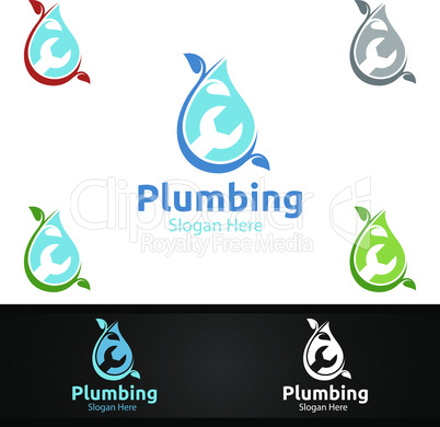 Eco Plumbing Logo with Water and Fix Home Concept