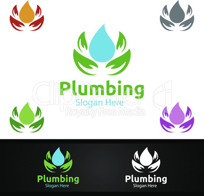 Eco Plumbing Logo with Water and Fix Home Concept