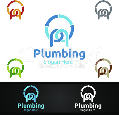 Letter P Plumbing Logo with Water and Fix Home Concept