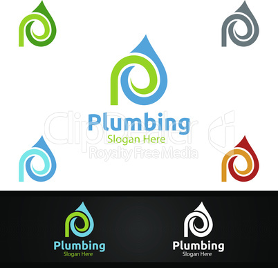 Letter P Plumbing Logo with Water and Fix Home Concept