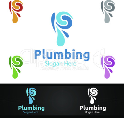 Letter P Plumbing Logo with Water and Fix Home Concept