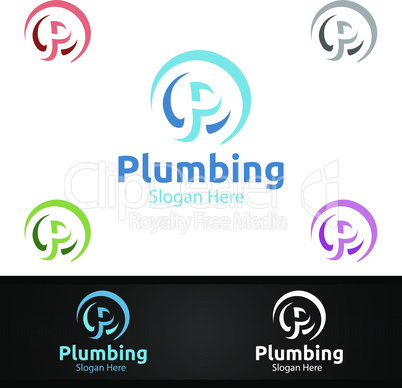 Letter P Plumbing Logo with Water and Fix Home Concept