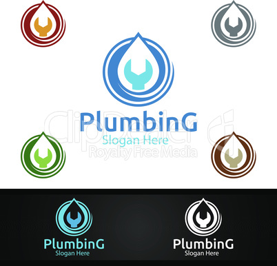 Wrench Plumbing Logo with Water and Fix Home Concept