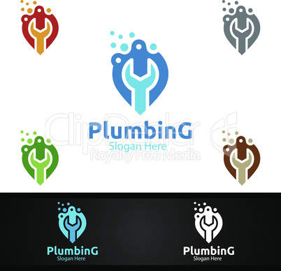 Pin Plumbing Logo with Water and Fix Home Concept
