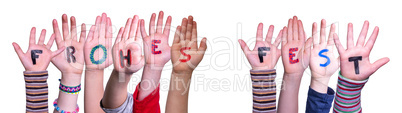 Children Hands Building Frohes Fest Means Merry Christmas, Isolated Background
