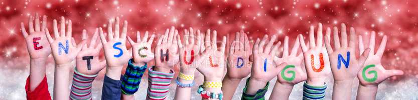 Children Hands Entschuldigung Means Apology, Red Christmas Background
