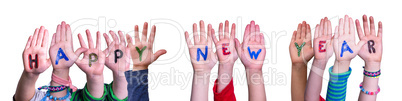 Children Hands Building Word Happy New Year, Isolated Background