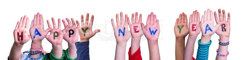 Children Hands Building Word Happy New Year, Isolated Background
