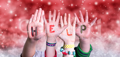 Children Hands Building Word Help, Red Christmas Background