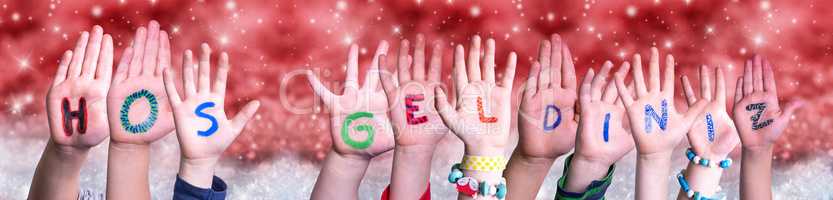 Children Hands Hos Geldiniz Means Welcome, Red Christmas Background