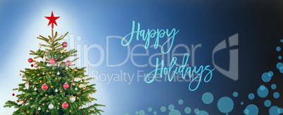 Christmas Tree With Decoration, Blue Background, Text Happy Holidays