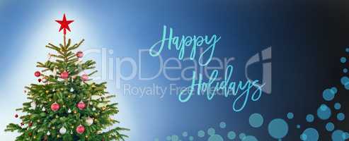 Christmas Tree With Decoration, Blue Background, Text Happy Holidays