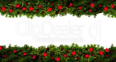 Christmas Banner And Garland With Green Fir Branch, Frame With Red Stars