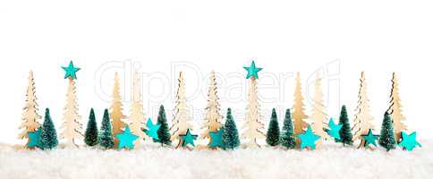 Christmas Tree Banner, Turquoise Star Decoration, Isolated Background, Snow