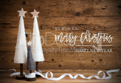 White Christmas Tree, Wooden Background, Merry Christmas And Happy New Year