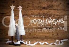 White Christmas Tree, Wooden Background, Merry Christmas And Happy New Year