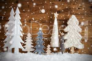 Christmas Trees, Snow, Brown Wooden Background, Star, Snowflakes