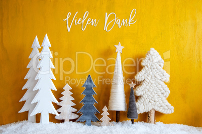 Christmas Trees, Snow, Yellow Background, Vielen Dank Means Thank You