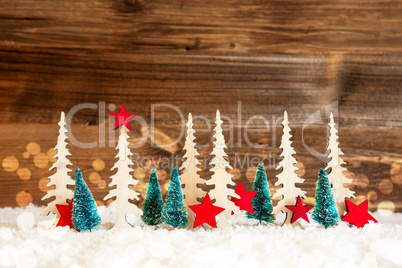 Christmas Tree, Snow, Red Star, Copy Space, Bokeh, Wooden Background