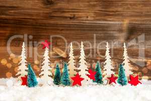 Christmas Tree, Snow, Red Star, Copy Space, Bokeh, Wooden Background