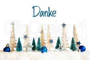 Christmas Tree, Snow, Blue Star, Ball, Danke Means Thank You, White Background