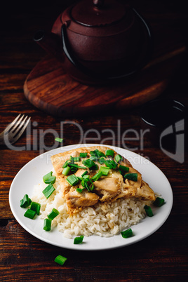 Rice with scrambled eggs, chicken and green onion