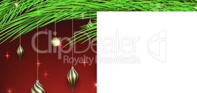 Christmas background design with shiny ornaments hanging from a tree branch