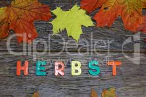 Autumn background with colored leaves on wooden board. Text in German: Autumn