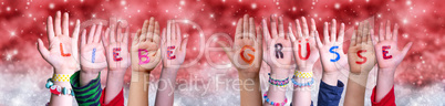 Children Hands Liebe Gruesse Means Greetings, Red Christmas Background