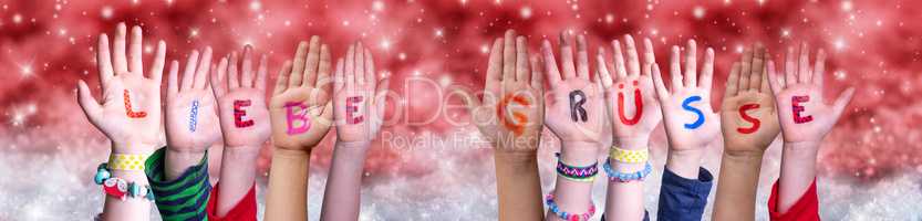 Children Hands Liebe Gruesse Means Greetings, Red Christmas Background