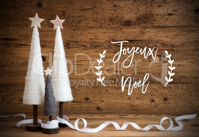 White Christmas Tree, Wooden Background, Joyeux Noel Means Merry Christmas