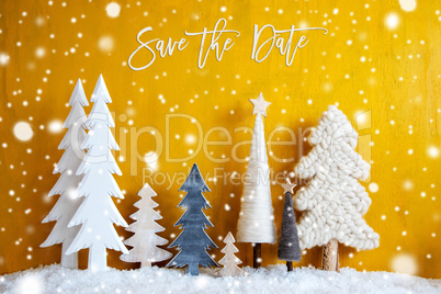 Christmas Trees, Snowflakes, Yellow Background, Save The Date