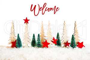 Christmas Tree, Snow, Red Star, Text Welcome