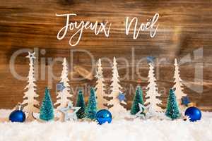 Tree, Snow, Blue Star, Ball, Joyeux Noel Mean Merry Christmas, Wooden Background