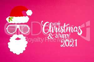 Santa Claus Paper Mask, Pink Background, Merry Christmas And A Happy 2021
