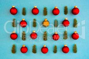 Christmas Texture, Red Ball And One Yellow, Branch, Frame, Turquoise Background