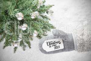 Gray Glove, Tree, Silver Ball, Merry Christmas And Happy 2021, Snowflakes