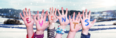 Many Children Hands Building Word Events, Snowy Winter Background