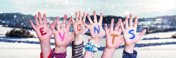 Many Children Hands Building Word Events, Snowy Winter Background