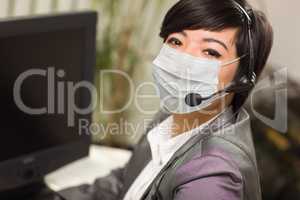 Woman At Office Desk Wearing Medical Face Mask
