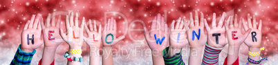 Children Hands Building Word Hello Winter, Red Christmas Background