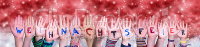 Children Hands Weihnachtsfeier Means Christmas Party, Red Christmas Background
