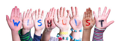 Children Hands Building Word Wishlist, White Background