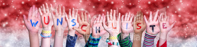 Children Hands Wunschliste Means Wishlist, Red Christmas Background