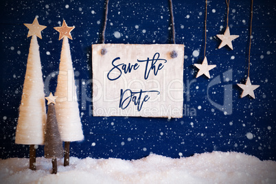 Christmas Tree, Blue Background, Snow, Text Save The Date, Snowflakes